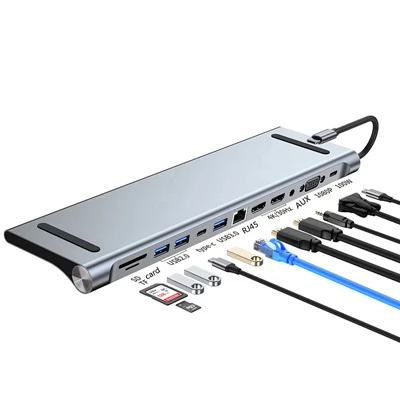 12-in-1 USB-C ドッキング ステーション (4K デュアル HDMI、VGA、ギガビット イーサネット RJ45 搭載)